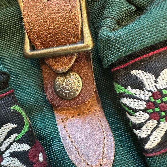Vintage JanSport 90s Green Backpack Brown Leather Flap Embroidered Floral Trim